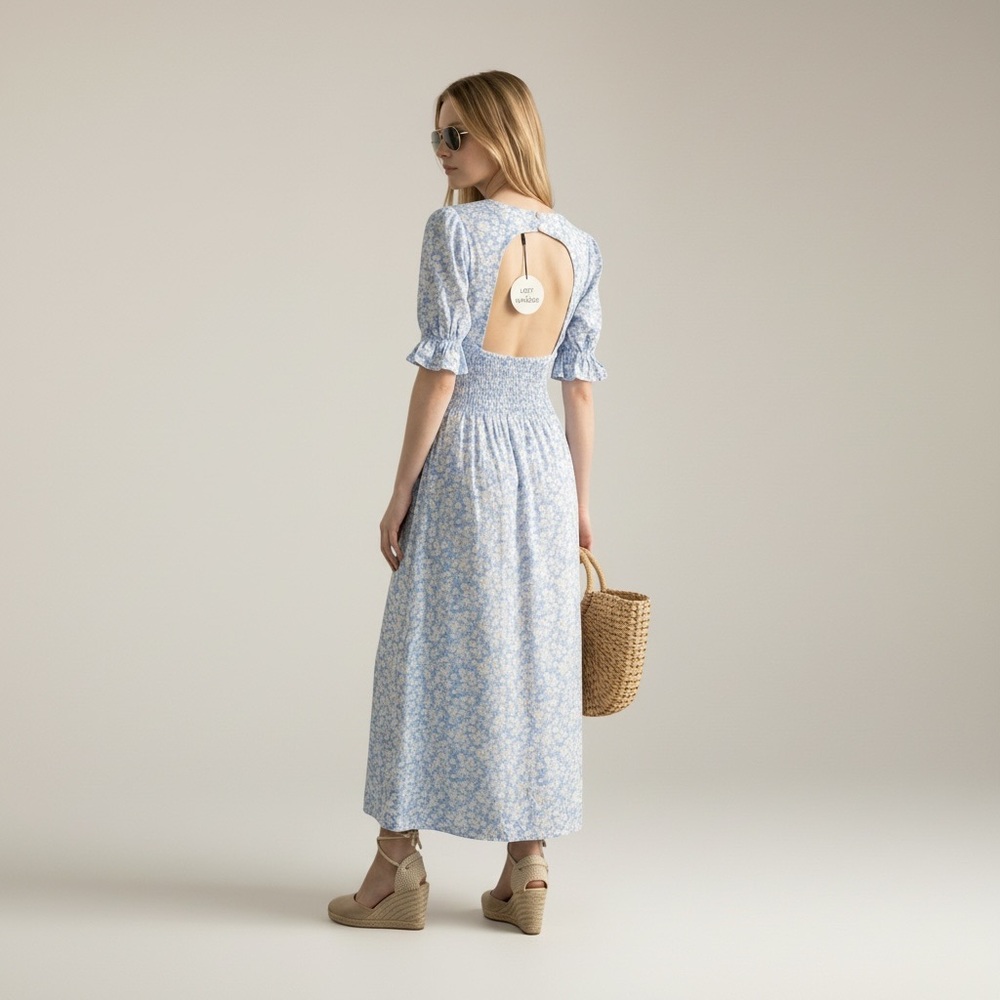 Lost + Wander Wander My Way Midi Dress S Blue White Floral Tie Front Smocked NWT